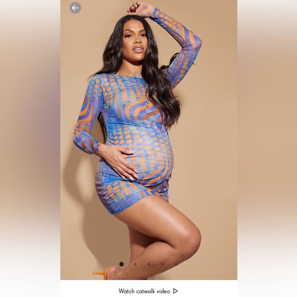 Maternity blue printed mash long sleeve midi dress